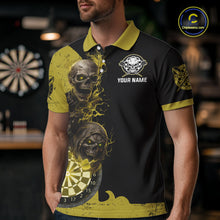 Load image into Gallery viewer, Personalized Yellow Black Skull Smoke Darts Shirt For Men Custom Darts Team Jersey Polo &amp;1/4 Zip TDM5837
