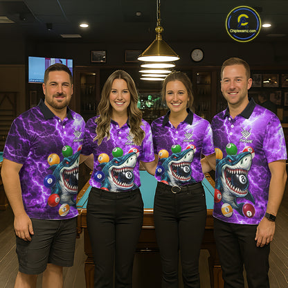 Purple Funny Shark Colorful Billiard Balls Lightning Pool Shirt For Men Custom Billiard Team Jersey TDM5840
