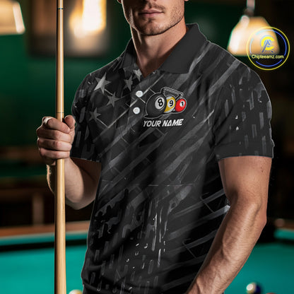 Black US Flag 8 Ball Pool Wings Billiard Shirt For Men Custom Billiard Team Jersey Polo & 1/4 Zip TDM5977