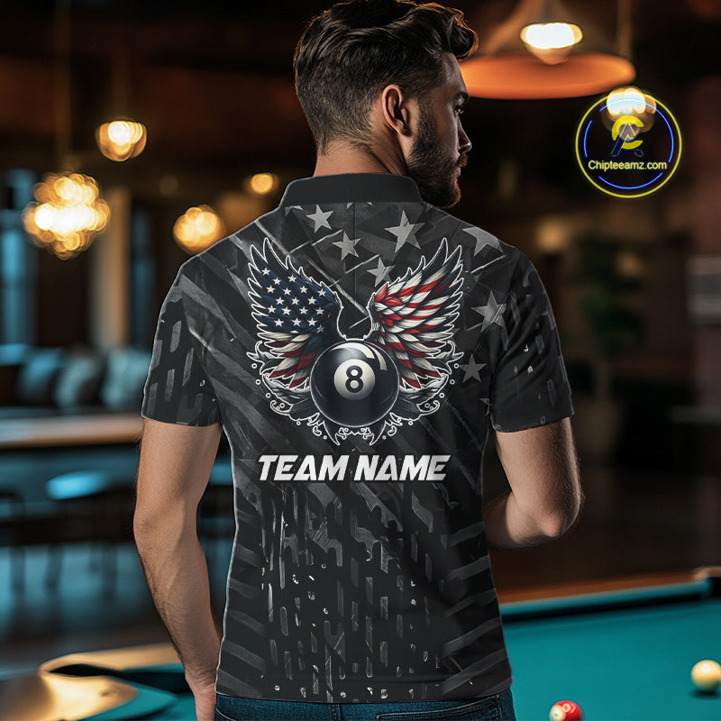 Black US Flag 8 Ball Pool Wings Billiard Shirt For Men Custom Billiard Team Jersey Polo & 1/4 Zip TDM5977
