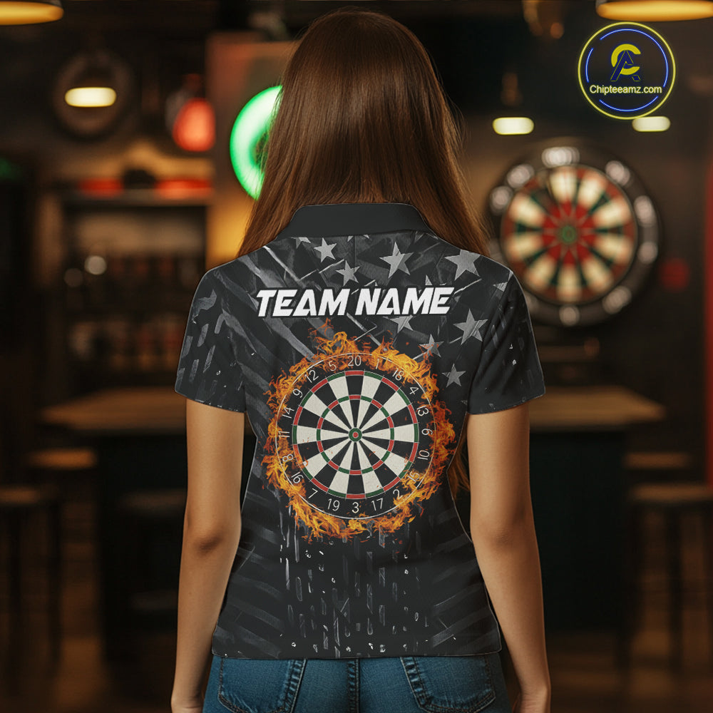 Black US Flag Dartboard Fire Darts Shirt For Women Custom Darts Jersey Team Polo & 1/4 Zip TDM5978