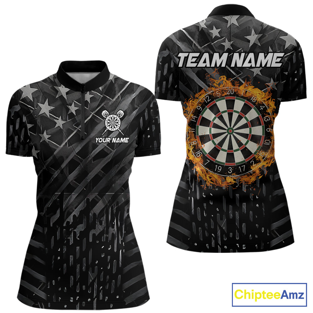 Black US Flag Dartboard Fire Darts Shirt For Women Custom Darts Jersey Team Polo & 1/4 Zip TDM5978