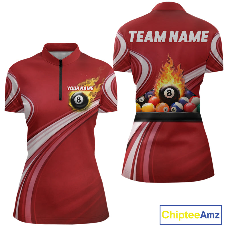 Personalized Red Billiard Jersey For Women Custom Flame 8 Ball Pool Billiard Shirt Polo & 1/4 Zip TDM6447