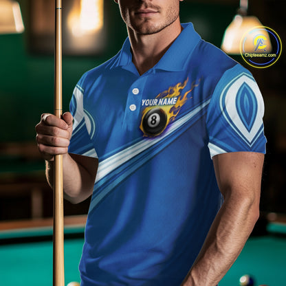 Personalized Blue Billiard Jersey For Men Custom Flame 8 Ball Pool Billiard Shirt Polo & 1/4 Zip TDM6448