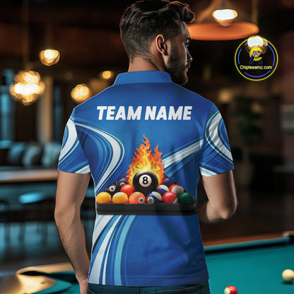 Personalized Blue Billiard Jersey For Men Custom Flame 8 Ball Pool Billiard Shirt Polo & 1/4 Zip TDM6448