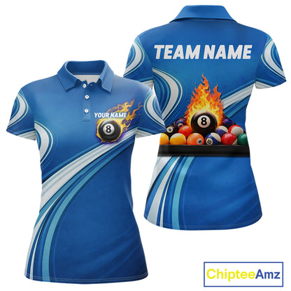 Personalized Blue Billiard Jersey For Women Custom Flame 8 Ball Pool Billiard Shirt Polo & 1/4 Zip TDM6448
