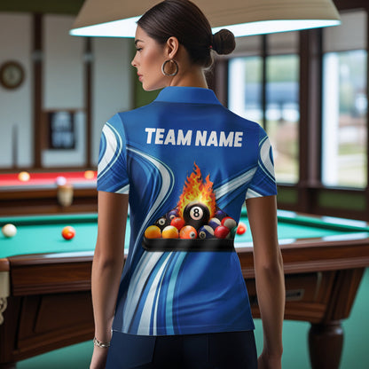 Personalized Blue Billiard Jersey For Women Custom Flame 8 Ball Pool Billiard Shirt Polo & 1/4 Zip TDM6448