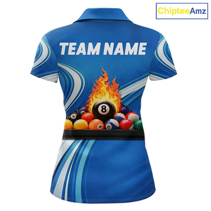 Personalized Blue Billiard Jersey For Women Custom Flame 8 Ball Pool Billiard Shirt Polo & 1/4 Zip TDM6448