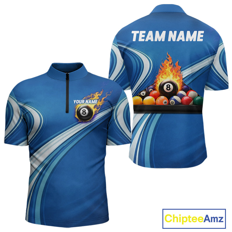 Personalized Blue Billiard Jersey For Men Custom Flame 8 Ball Pool Billiard Shirt Polo & 1/4 Zip TDM6448