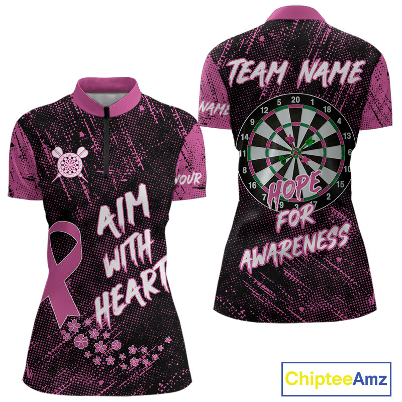 Aim With Heart Pink Ribbon Darts Shirt For Women Custom Breast Cancer Awareness Darts Jersey TDM4469