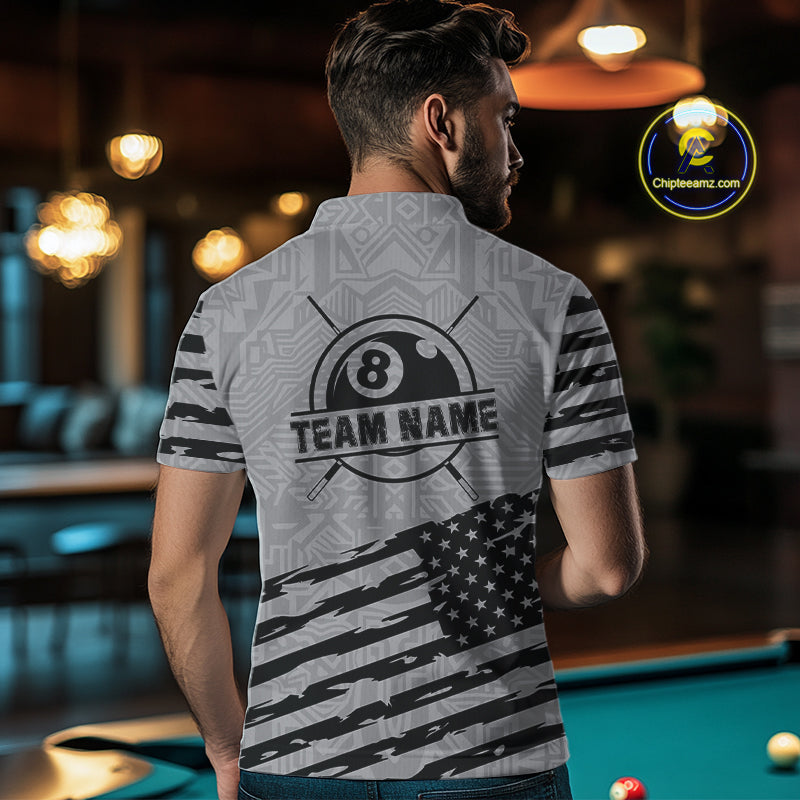 Personalized Grey US Flag 8 Ball Billiard Shirt For Men Custom Billiard Team Shirt, Pool Jerseys TDM4903