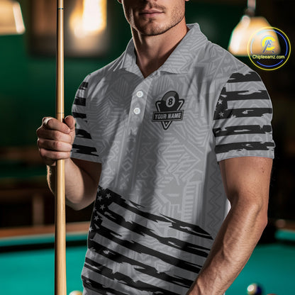 Personalized Grey US Flag 8 Ball Billiard Shirt For Men Custom Patriotic Billiard Pool Jerseys TDM4904