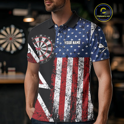 Personalized Grunge American Flag Men's Dart Shirts Custom Patriotic Darts Team Jersey Polo & 1/4 Zip TDM4907