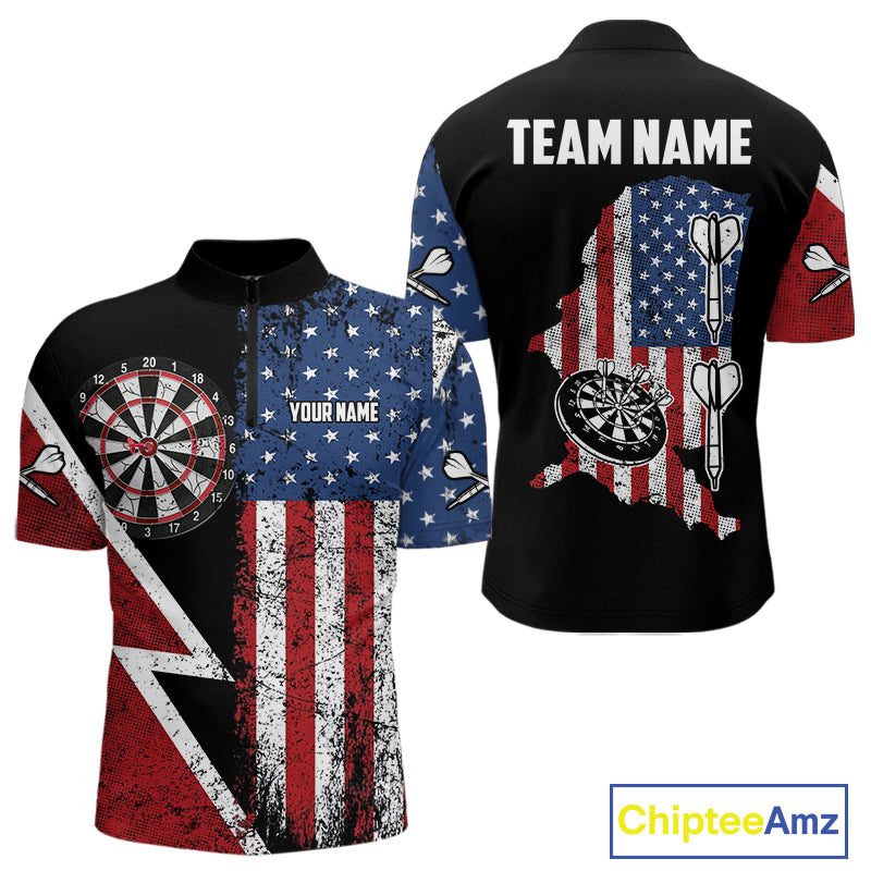 Personalized Grunge American Flag Men's Dart Shirts Custom Patriotic Darts Team Jersey Polo & 1/4 Zip TDM4907