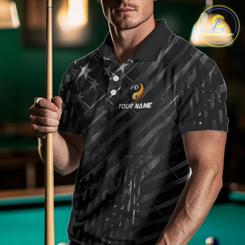 Black US Flag Ying And Yang 8 Ball & 9 Ball Custom Billiard Shirts For Men Funny Billiard Jerseys  TDM3357