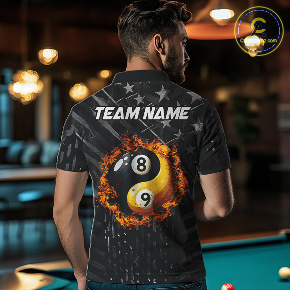 Black US Flag Ying And Yang 8 Ball & 9 Ball Custom Billiard Shirts For Men Funny Billiard Jerseys  TDM3357