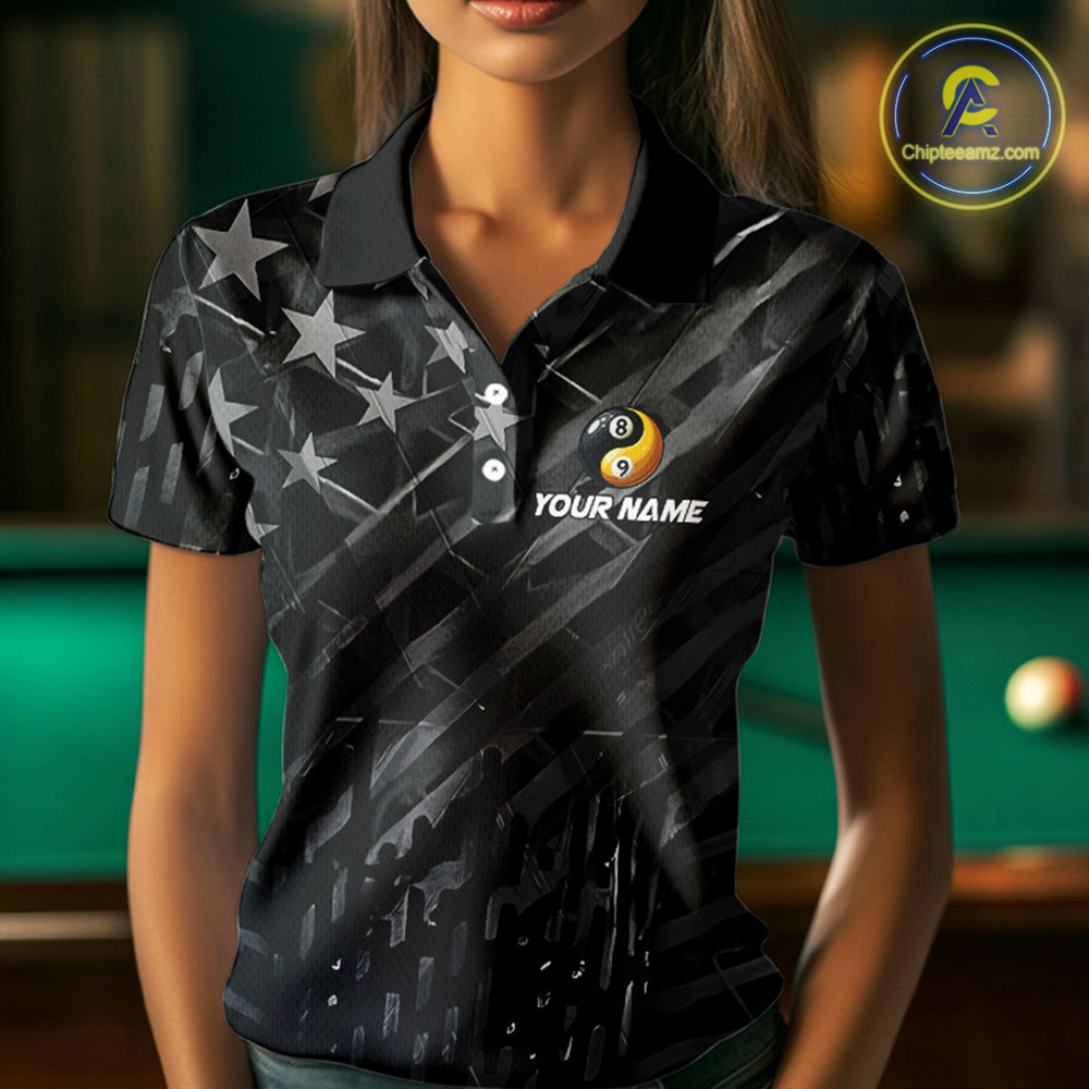 Black US Flag Ying And Yang 8 Ball & 9 Ball Custom Billiard Shirts For Women Funny Billiard Jerseys  TDM3357