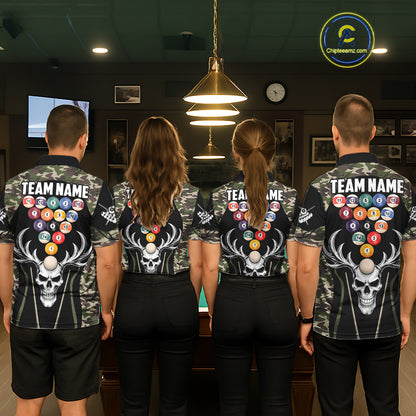 Personalized Green Camo Skull Billiard Shirt For Men, 8 Ball Billiard Team Jersey Polo & 1/4 Zip TDM5993