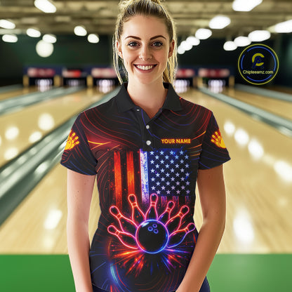 Custom Neon American Flag Bowling Shirt For Women, Patriotic Bowling Team Jersey Polo & 1/4 Zip TDM6221