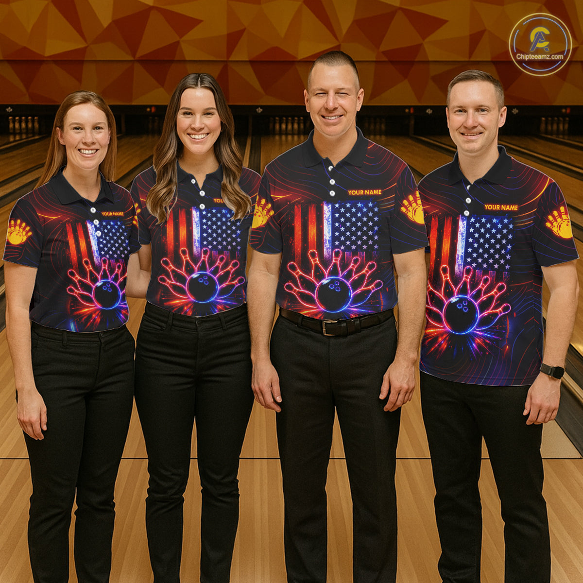 Custom Neon American Flag Bowling Shirt For Men, Patriotic Bowling Team Jersey Polo & 1/4 Zip TDM6221
