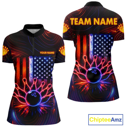 Custom Neon American Flag Bowling Shirt For Women, Patriotic Bowling Team Jersey Polo & 1/4 Zip TDM6221