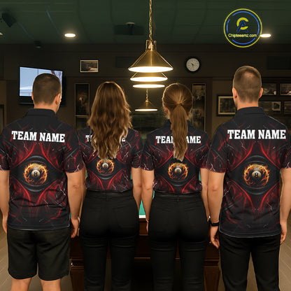 Pool team wearing matching black and red flame billiard jerseys during league play front view.