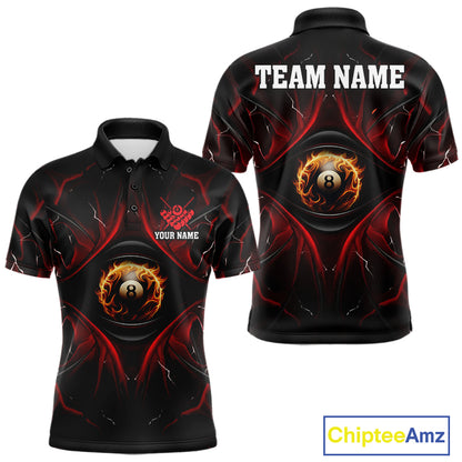 Men’s black and red flame 8 ball eyes pool polo shirt with bold billiard team graphics.