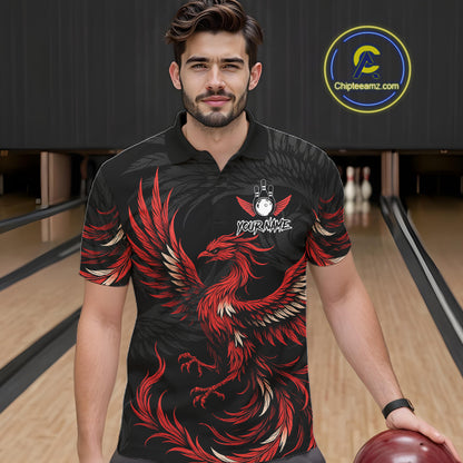 Man wearing black and red phoenix wings bowling polo shirt front view.