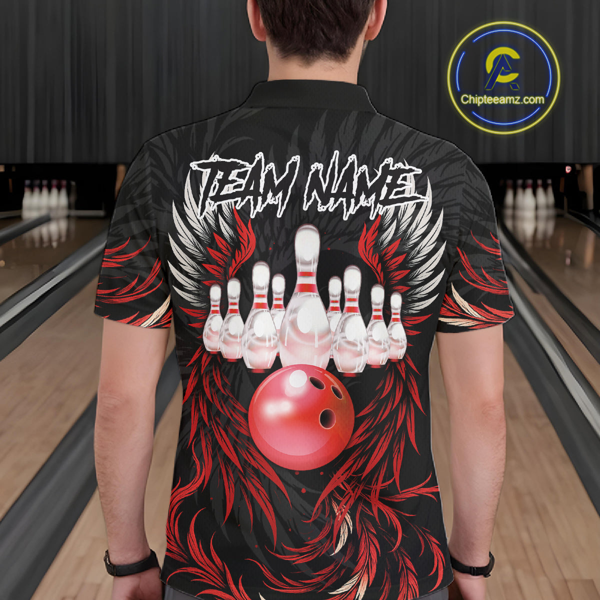 Man wearing black and red phoenix wings bowling polo shirt back view.