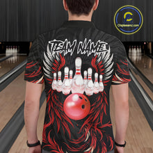 Load image into Gallery viewer, Man wearing black and red phoenix wings bowling polo shirt back view.