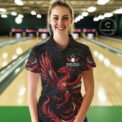 Woman wearing black and red phoenix wings bowling polo shirt front view.