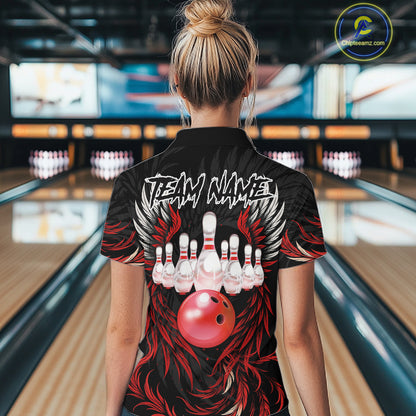 Woman wearing black and red phoenix wings bowling polo shirt back view.