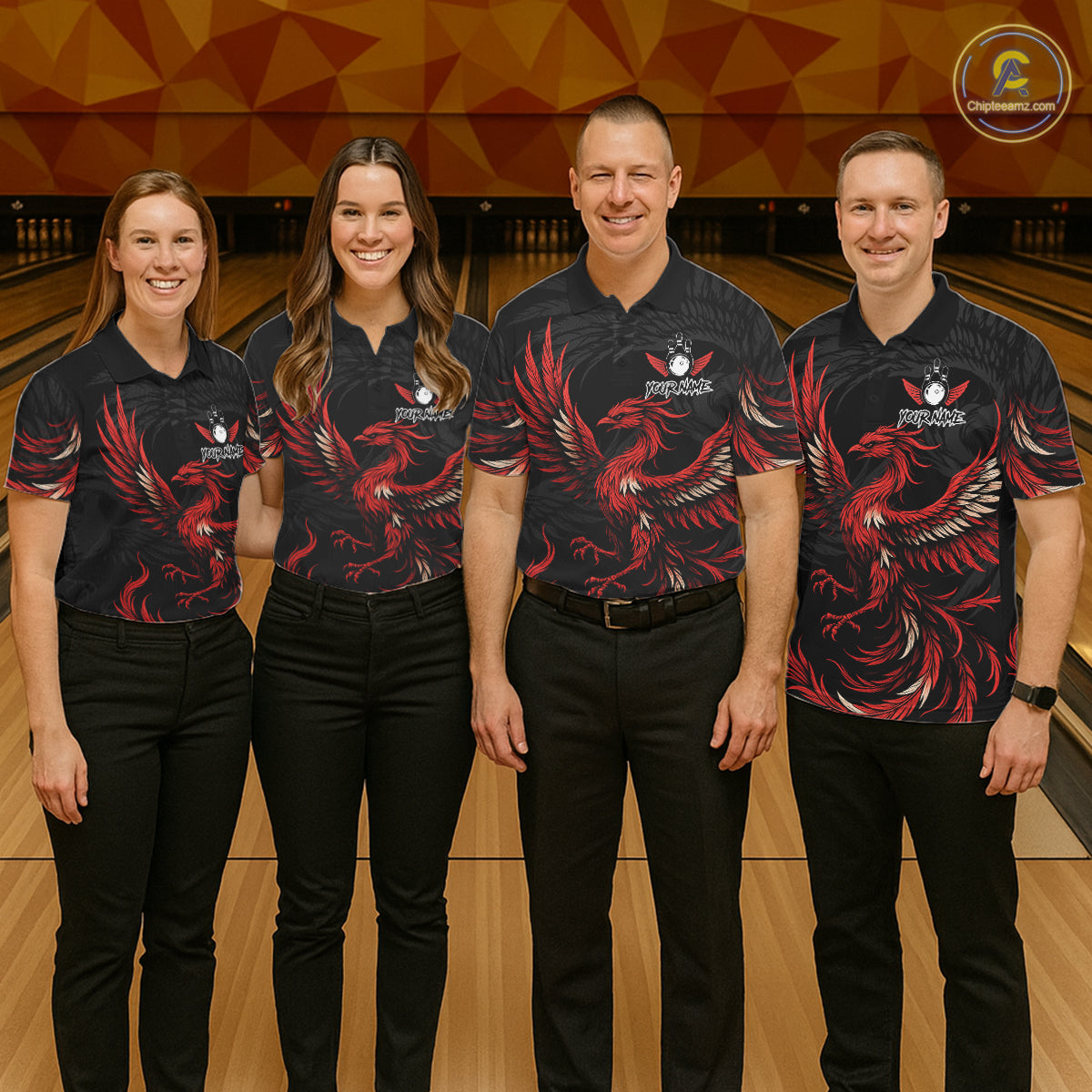 Bowling team wearing matching black and red phoenix wings jerseys front view.
