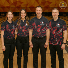 Load image into Gallery viewer, Bowling team wearing matching black and red phoenix wings jerseys front view.