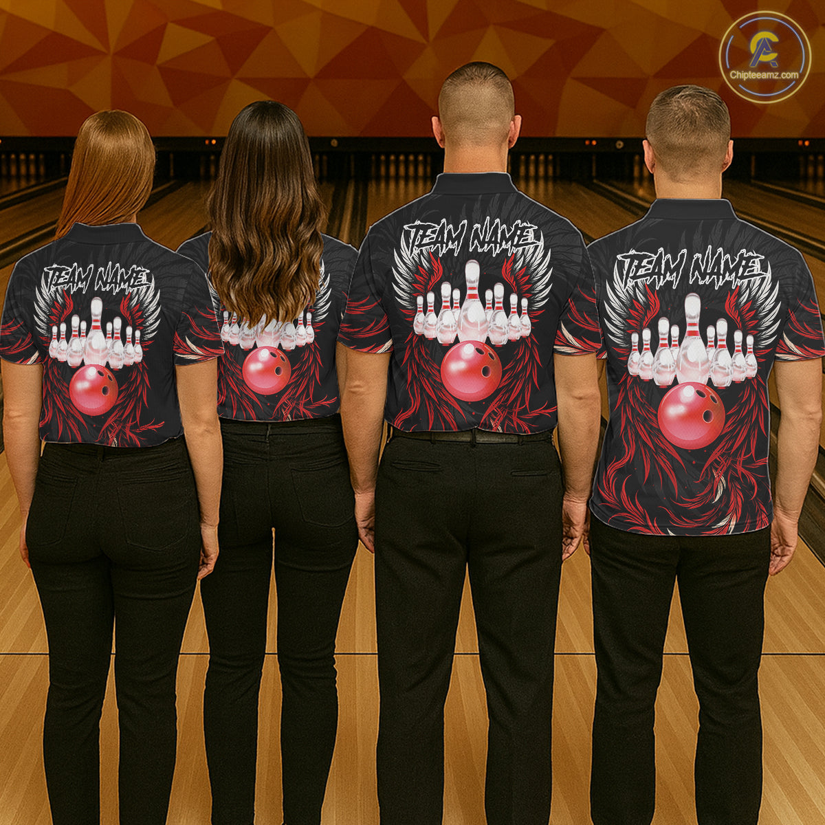Bowling team wearing matching black and red phoenix wings jerseys back view.