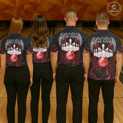 Bowling team wearing matching black and red phoenix wings jerseys back view.