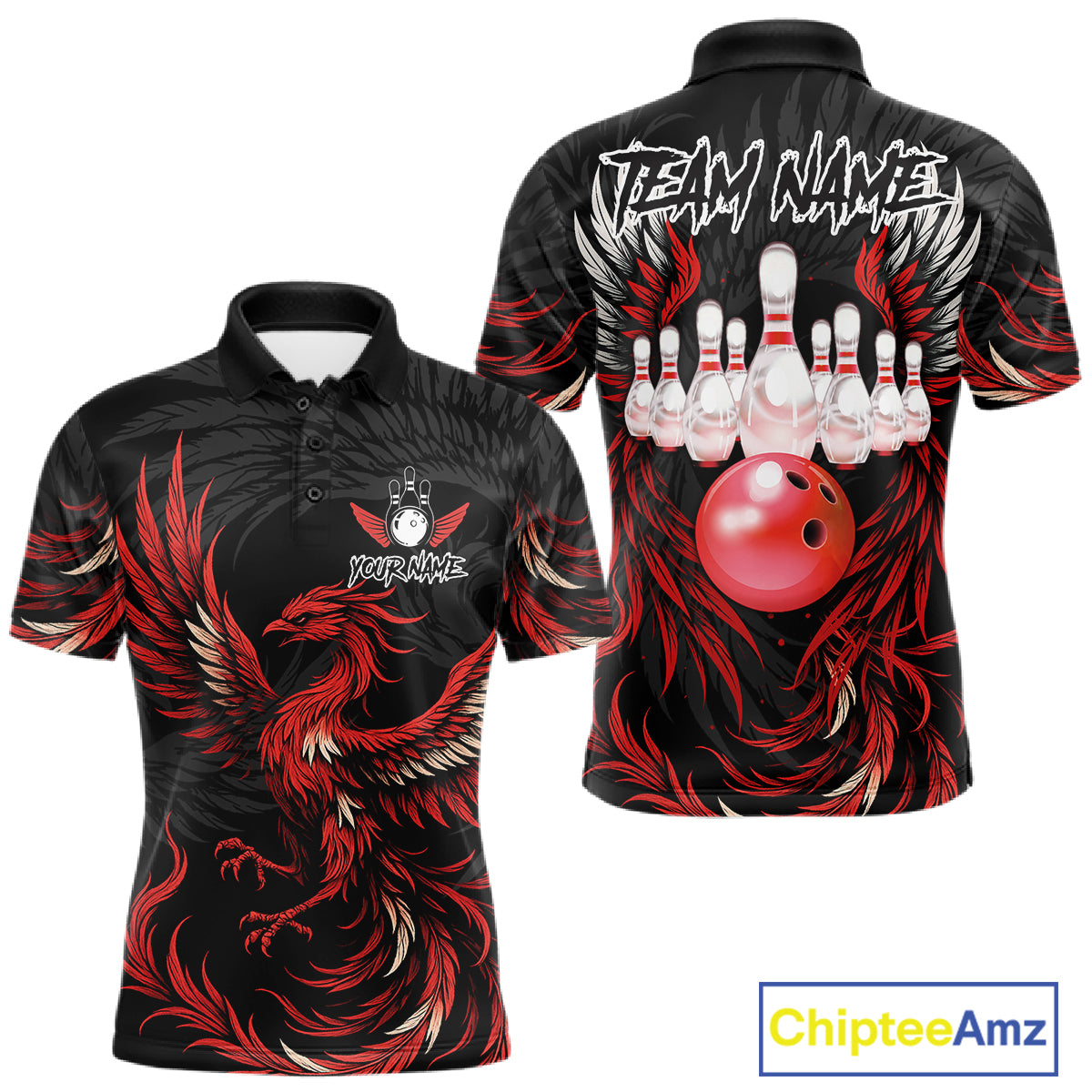 Personalized black and red phoenix wings bowling polo shirt for men, custom bowling team jersey.