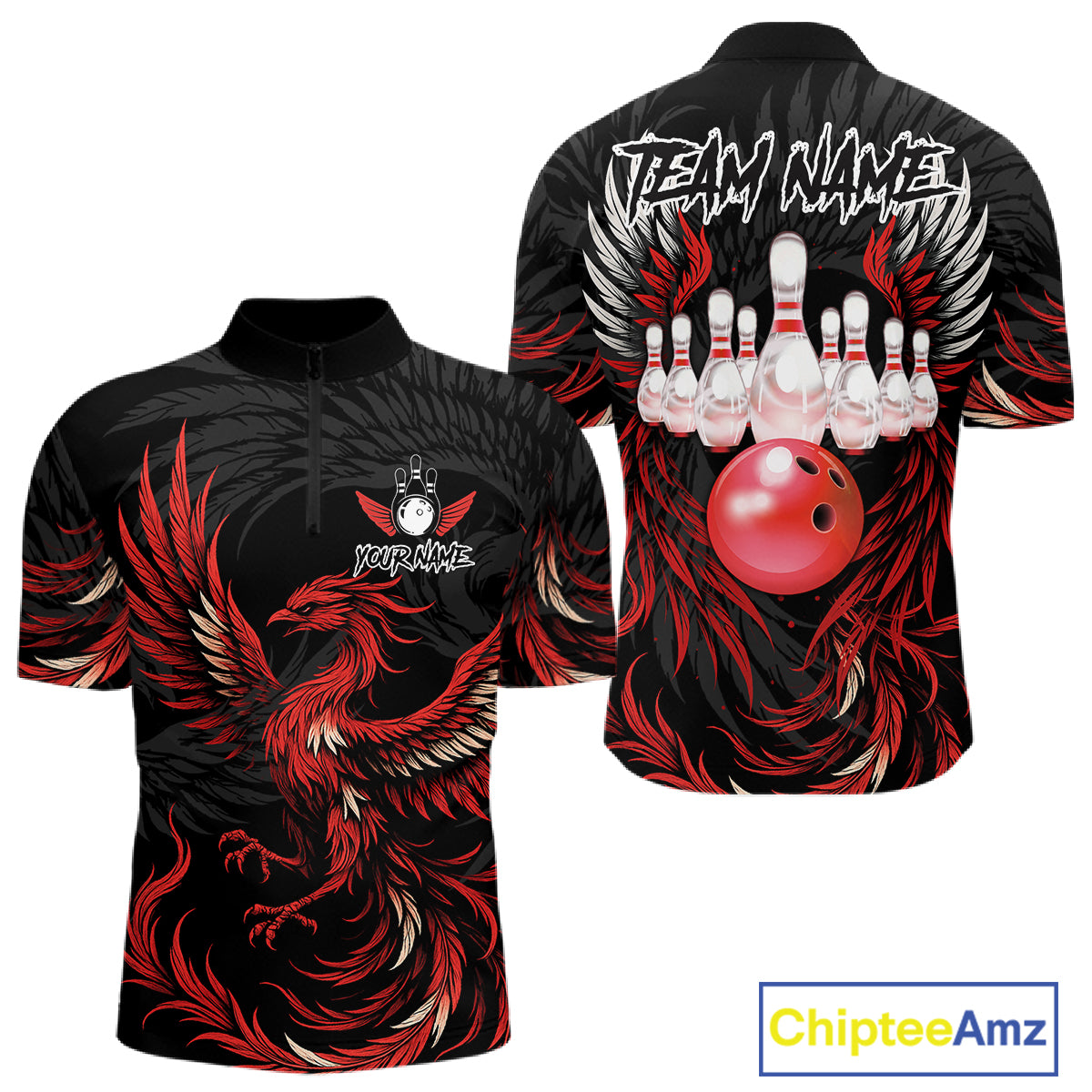 Black and red phoenix wings bowling quarter zip shirt for men.