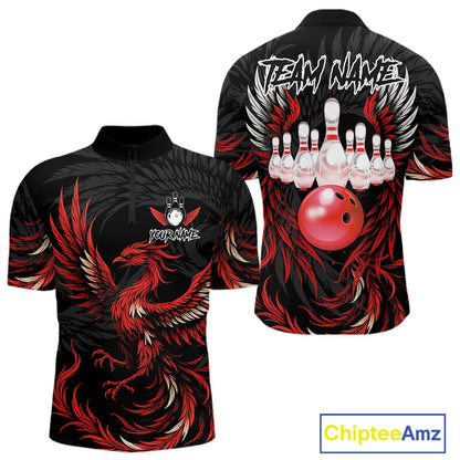 Black and red phoenix wings bowling quarter zip shirt for men.