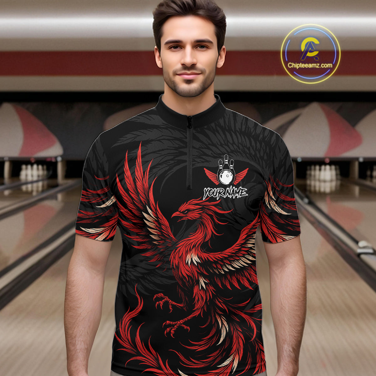 Man wearing black and red phoenix wings bowling quarter zip shirt front view.