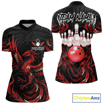 Black and red phoenix wings bowling quarter zip shirt for women.