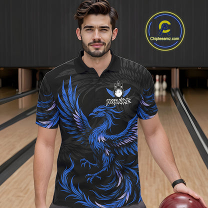 Man wearing black and blue phoenix wings bowling polo shirt front view.
