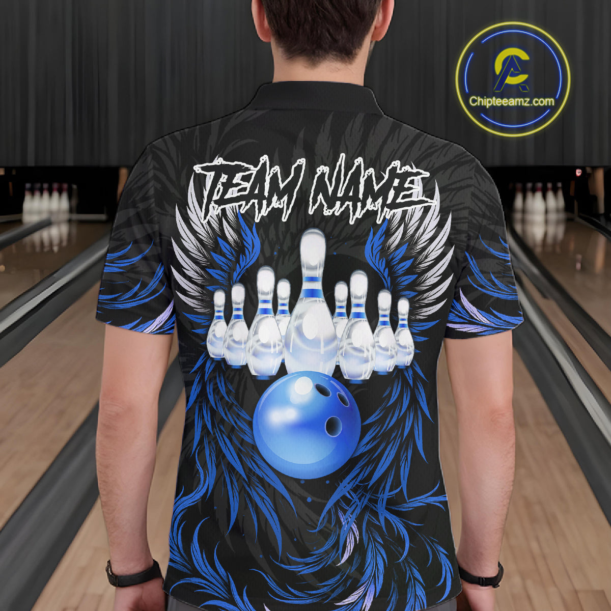 Man wearing black and blue phoenix wings bowling polo shirt back view.