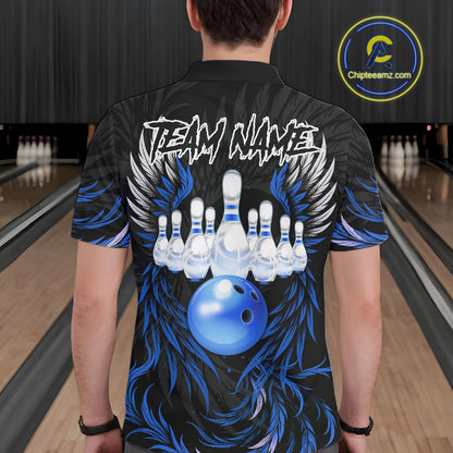 Man wearing black and blue phoenix wings bowling polo shirt back view.