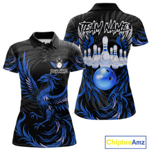Load image into Gallery viewer, Black and blue phoenix wings bowling polo shirt for women, custom bowling team jersey.
