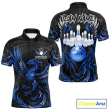 Load image into Gallery viewer, Black and blue phoenix wings bowling polo shirt for men, custom bowling team jersey.