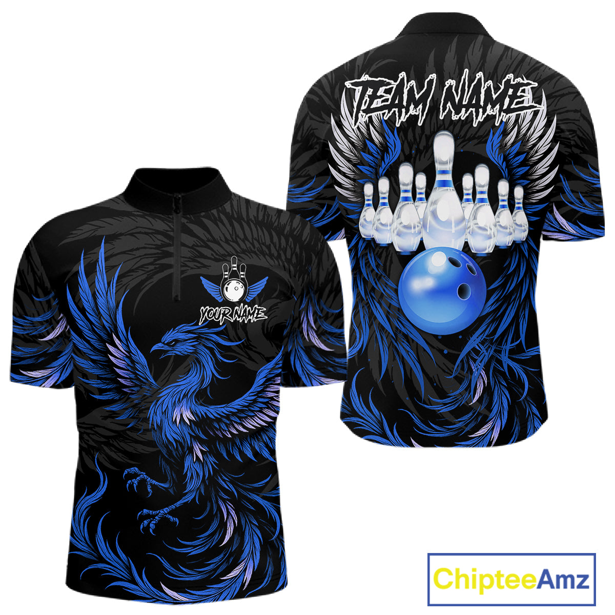 Black and blue phoenix wings bowling quarter zip shirt for men.