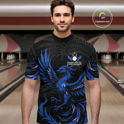 Man wearing black and blue phoenix wings bowling quarter zip shirt front view.
