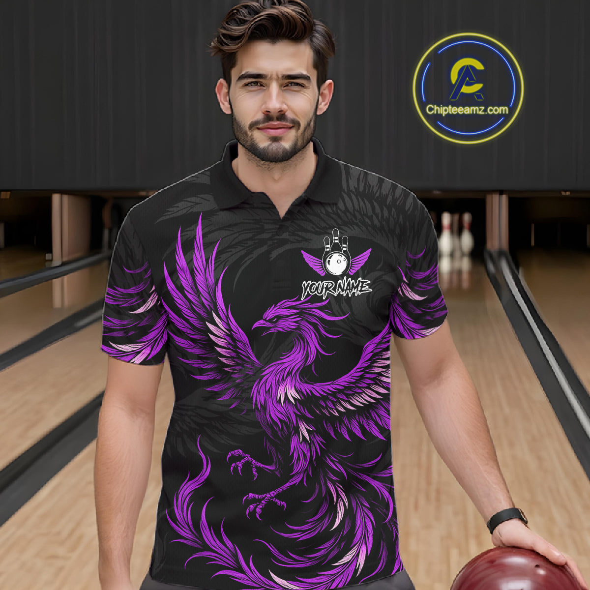 Man wearing black and purple phoenix wings bowling polo shirt front view.
