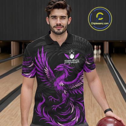 Man wearing black and purple phoenix wings bowling polo shirt front view.